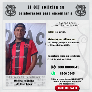 No localizado OIJ Los Chiles: Santos Feliz Gaitán Cantillano