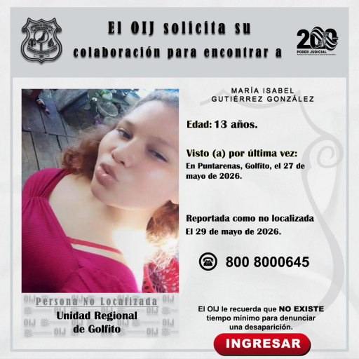 No localizada OIJ Golfito: María Isabel Gutiérrez González