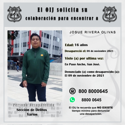 Desaparecido OIJ San José: Josué Rivera Olivas