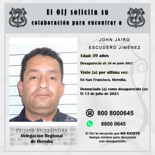 Desaparecido OIJ Heredia: John Jairo Escudero Jiménez