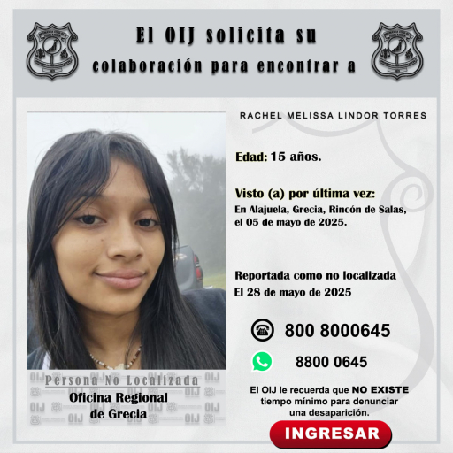 No localizada OIJ Grecia: Rachel Melissa Lindor Torres