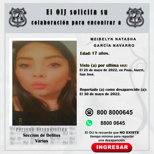 Desaparecida OIJ San José: Meibelyn Natasha García Navarro