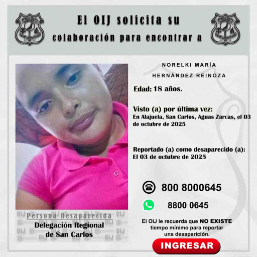 Desaparecida OIJ San Carlos: Norelki María hernández Reinoza