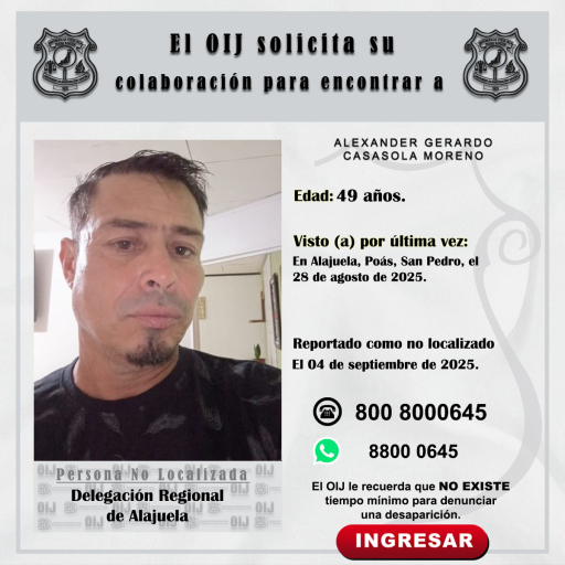 No localizado OIJ Alajuela: Alexander Gerardo Casasola Moreno