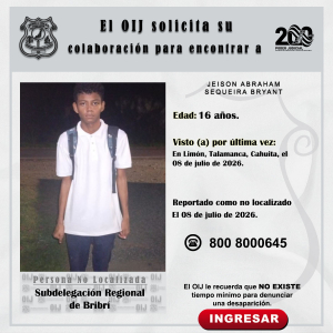 No localizado OIJ Bribrí: Jeison Abraham Sequeira Bryant