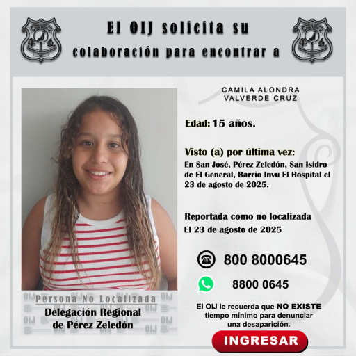 No localizada OIJ Pérez Zeledón: Camila Alondra Valverde Cruz