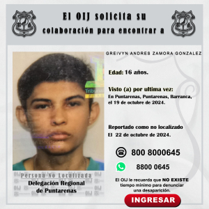 No localizado OIJ Puntarenas: Greivyn Andrés Zamora González