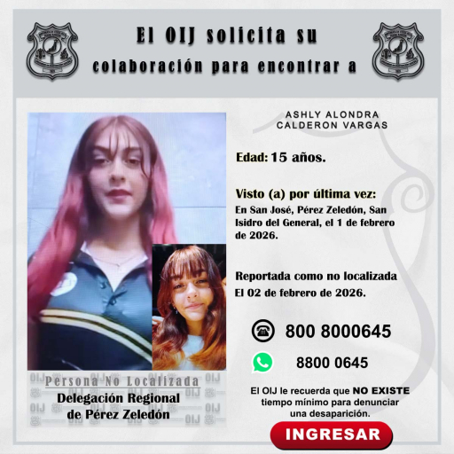 No localizada OIJ Pérez Zeledón: Ashly Alondra Calderón Vargas
