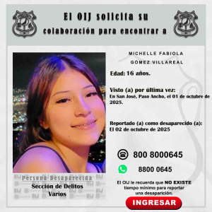Desaparecida OIJ San José: Michelle Fabiola Gómez Villareal