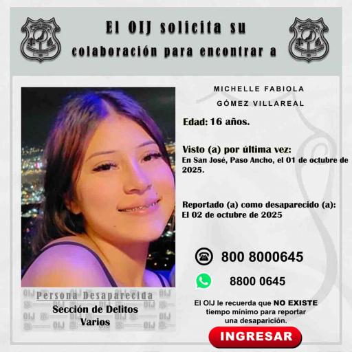 Desaparecida OIJ San José: Michelle Fabiola Gómez Villareal