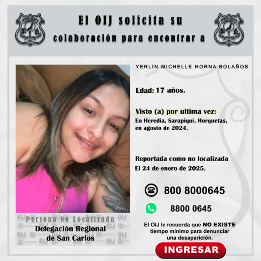 No localizada OIJ San Carlos: Yerlin Michelle Horna Bolaños