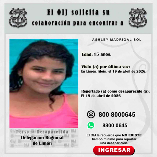 Desaparecida OIJ Limón: Ashley Madrigal Sol