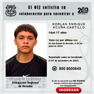 No localizado OIJ Heredia: Norlan Enrique Acuña Castillo