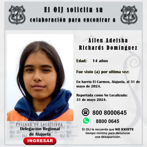 Desaparecida OIJ Alajuela: Ailen Adeisha Richards Domínguez