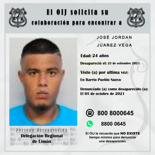 Desaparecido OIJ Limón: Jose Jordan Juarez Vega