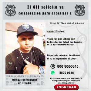 No localizado OIJ Heredia: Erick Esteban Vindas Miranda