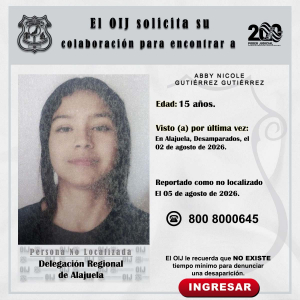 No localizada OIJ Alajuela: Abby Nicole Gutiérrez Gutiérrez