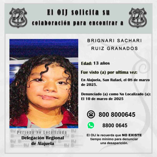 No localizada OIJ Alajuela: Brignari Sachari Ruiz Granados