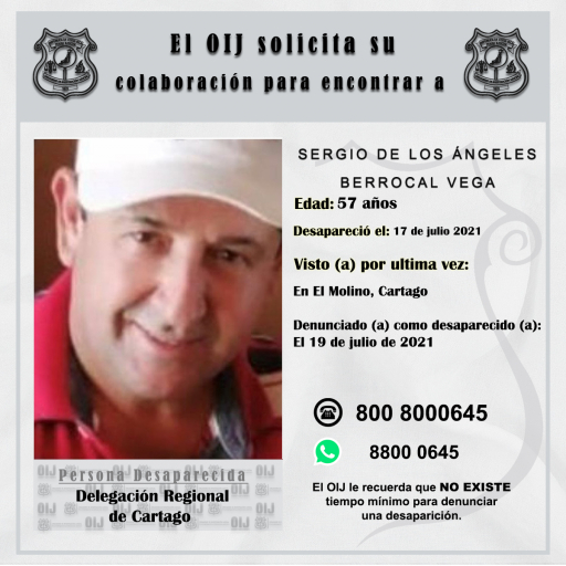 Desaparecido OIJ Cartago: Sergio de los Ángeles Berrocal Vega
