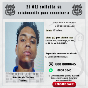 No localizado OIJ San José: Christian Eduardo Monge González