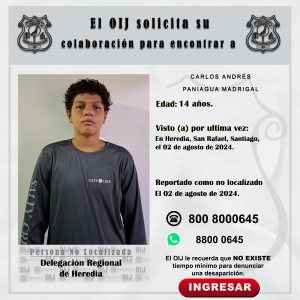 No localizado OIJ Heredia: Carlos Andrés Paniagua Madrigal