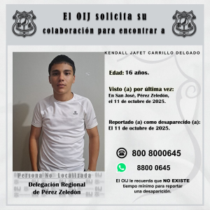 No localizado OIJ Pérez Zeledón: Kendall Jafet Carrillo Delgado