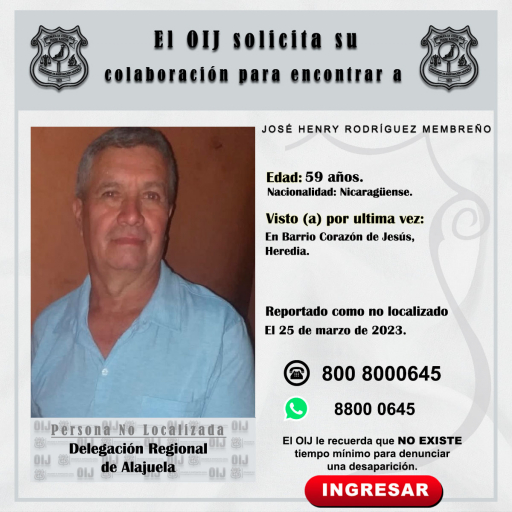 No Localizado OIJ Alajuela: José Henry Rodríguez Membreño