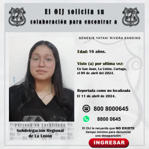 No localizada OIJ La Unión: Génesis Yatani Rivera Sandino