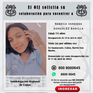 Desaparecida OIJ Cañas: Rebeca Vanessa González Badilla
