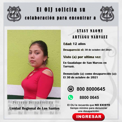 Desaparecida OIJ Los Santos: Stasy Naomy Artiaga Narvaez