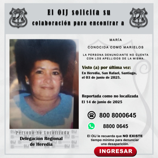 No localizada OIJ Heredia: María, conocida como Marielos