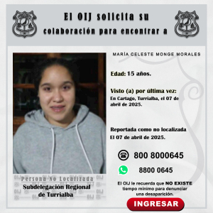 No localizada OIJ Turrialba: María Celeste Monge Morales