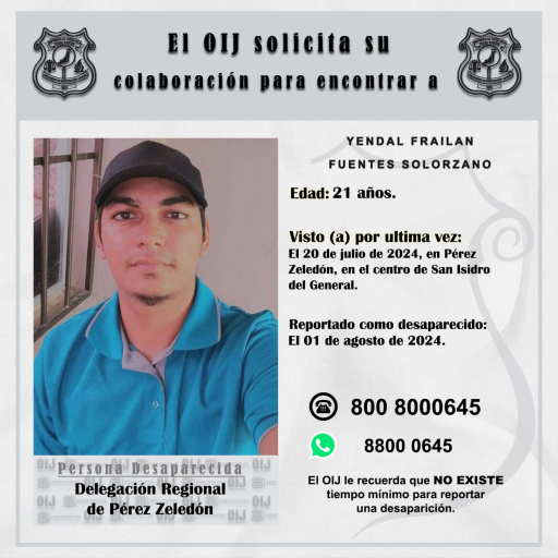 Desaparecido OIJ Pérez Zeledón: Yendal Frailan Fuentes