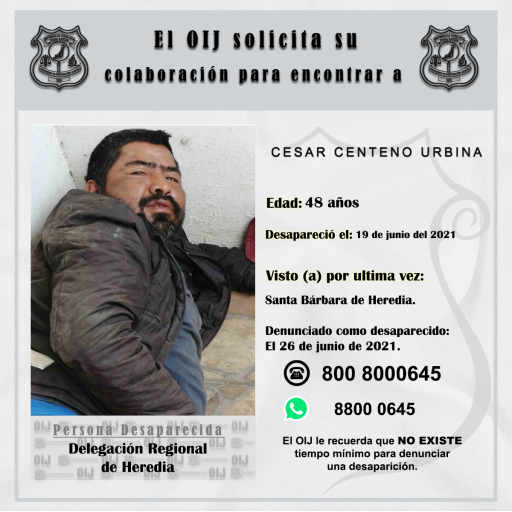 Desaparecido OIJ Heredia: César Centeno Urbina