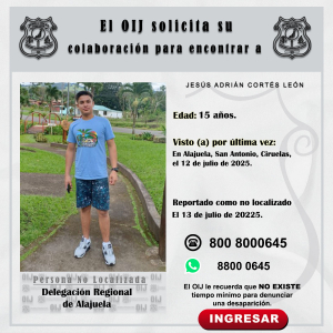 No localizado OIJ Alajuela: Jesús Adrián Cortés León