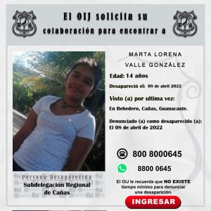 Desaparecida OIJ Cañas: Marta Lorena Valle González