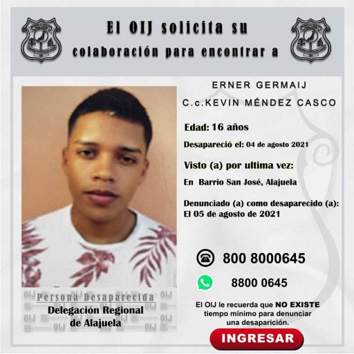 Desaparecido OIJ Alajuela: Erner Gernaij conocido como Kevin Méndez Casco