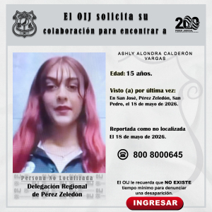 No localizada OIJ Pérez Zeledón: Ashly Alondra Calderón Vargas