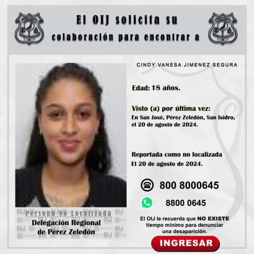 No localizada OIJ Pérez Zeledón: Cindy Vanesa Jiménez Segura