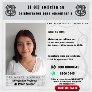 No localizada OIJ Pérez Zeledón: Kristel Fabiola Solorzano Mora