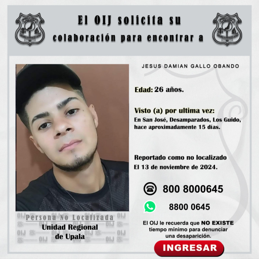 No localizado OIJ Upala: Jesús Damian Gallo Obando