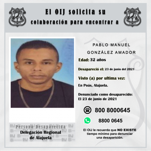 Desaparecido OIJ Alajuela: Pablo Manuel González Amador