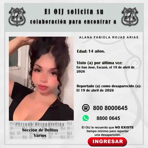 Desaparecida OIJ Cartago: Alana Fabiola Rojas Arias