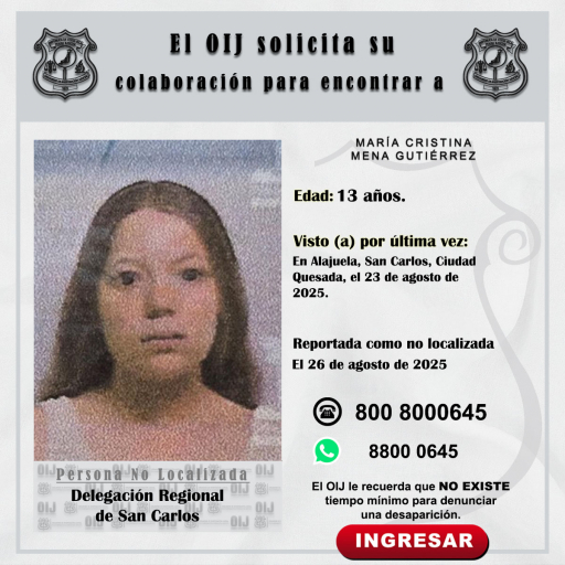 No localizada OIJ San Carlos: María Cristina Mena Gutiérrez