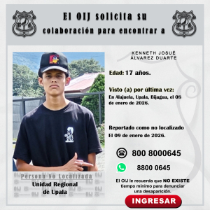 No localizado OIJ Upala: Kenneth Josué Álvarez Duarte