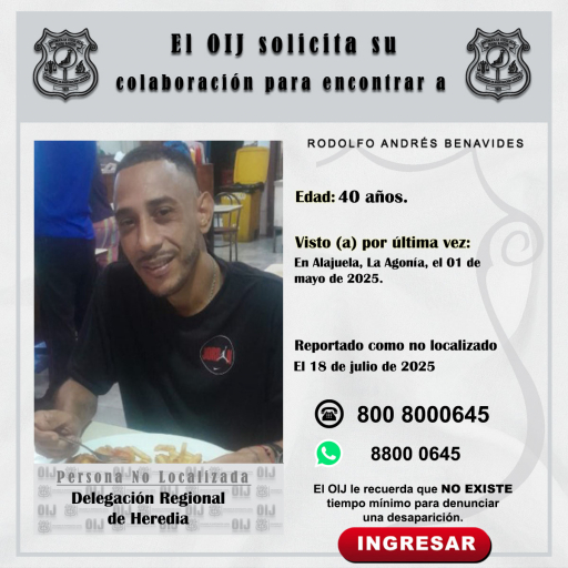 No localizado OIJ Heredia: Rodolfo Andrés Benavides