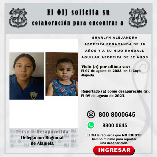 Desaparecidos OIJ Alajuela: Sharlyn Alejandra Azofeifa Peñaranda y Randall Aguilar Azofeifa