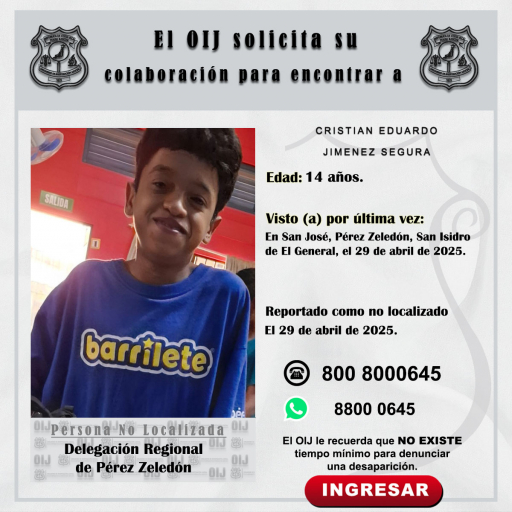 No localizado OIJ Pérez Zeledón: Cristian Eduardo Jiménez Segura