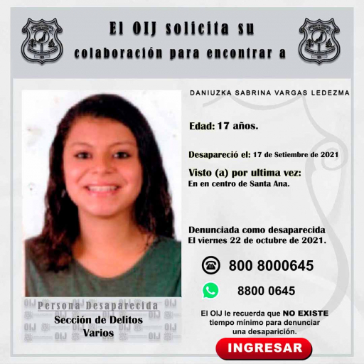 Desaparecida OIJ San José: Daniuzka Sabrina Vargas Ledezma