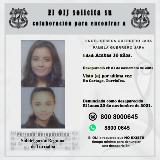 Desaparecidas OIJ Turrialba: Engel Rebeca Guerrero Jara y Pamela Guerrero Jara